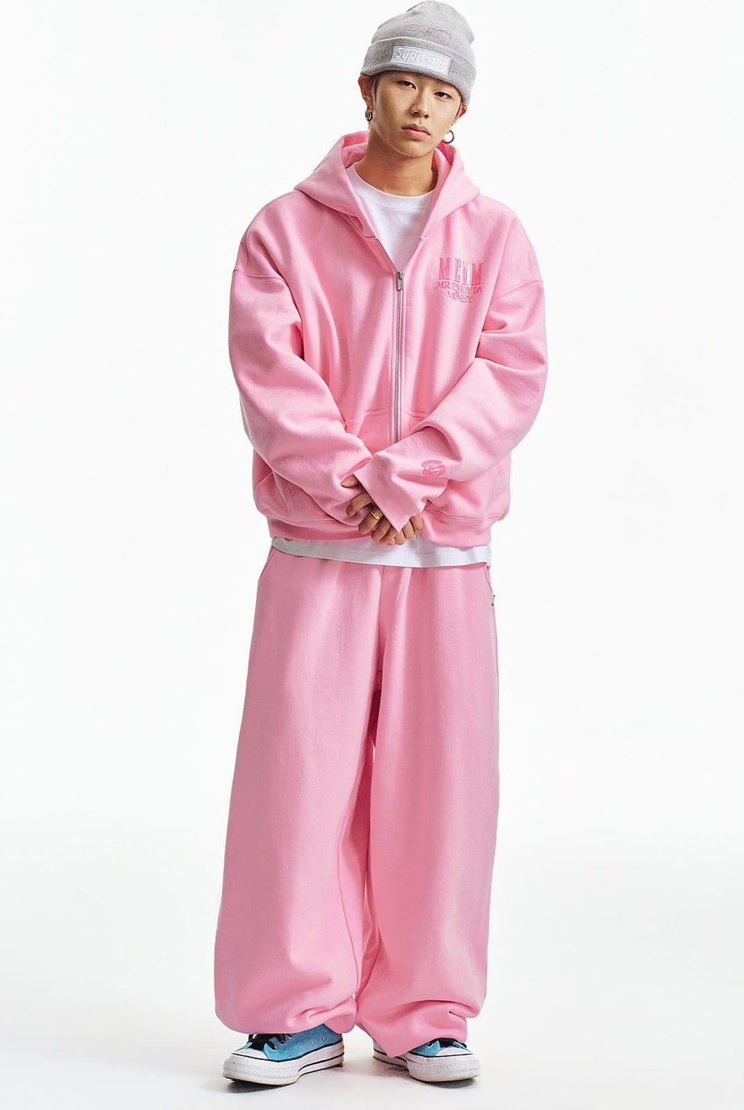 MEDM 3D Logo Two Way Zip Cotton Hoodie in Pink - On Male Model
