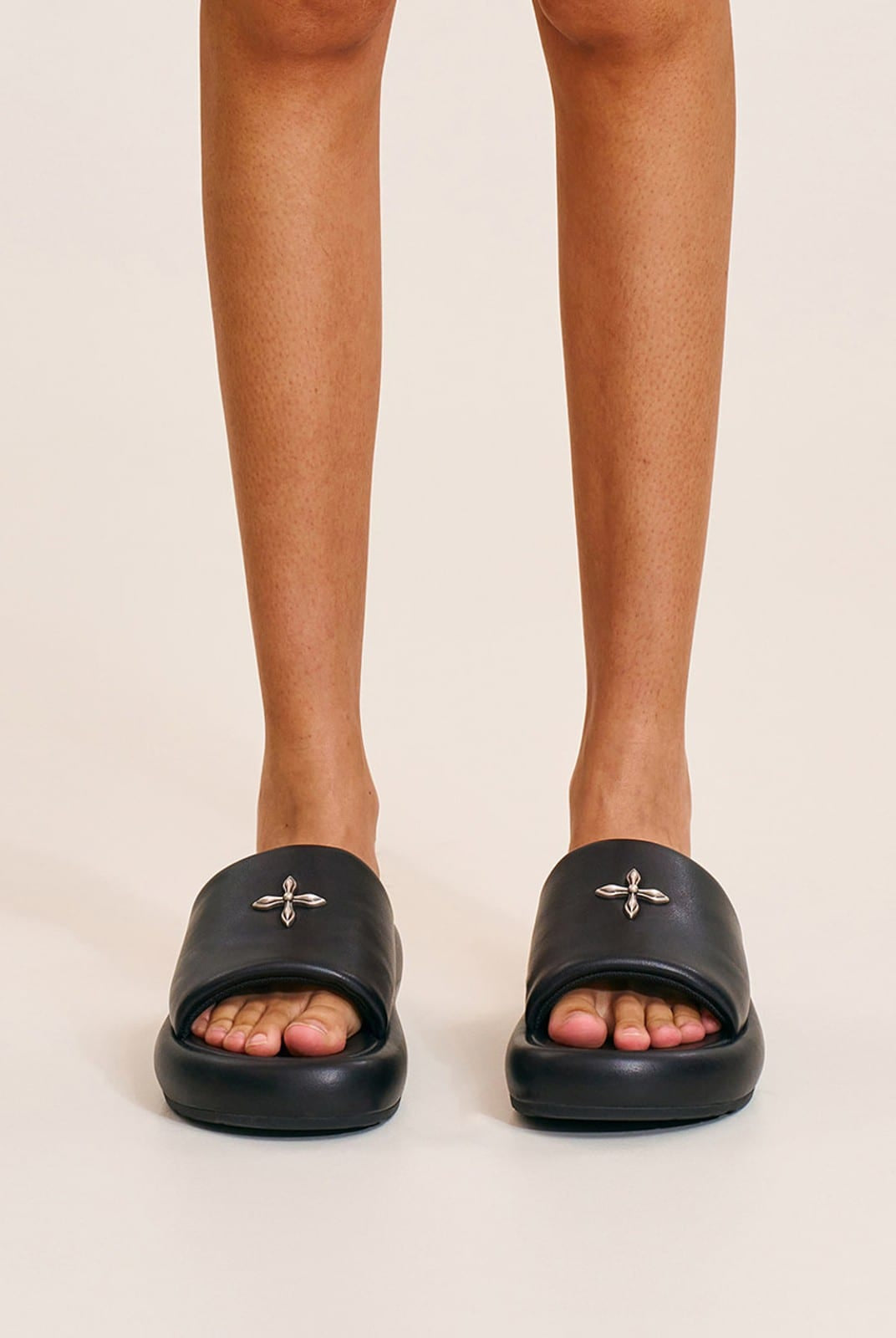 SMFK Cowhide Leather Cross Hardware Slides in Black - On Female Model