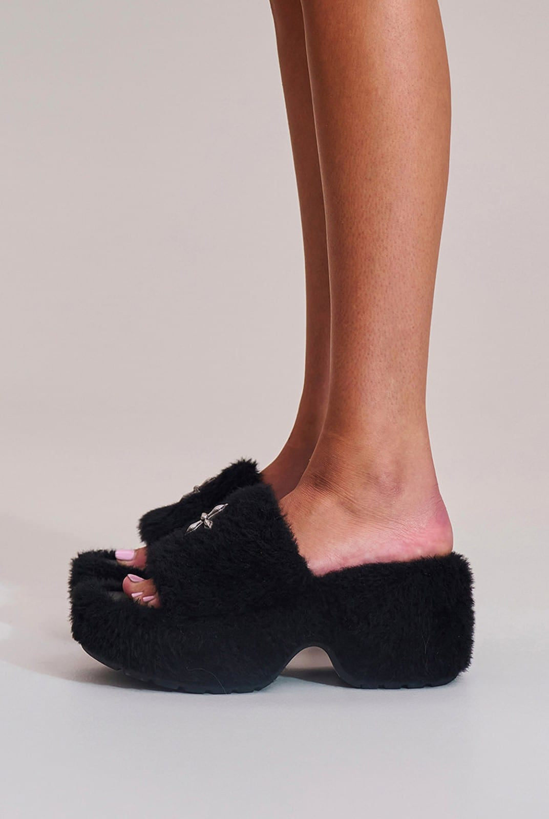 SMFK Cross Hardware Shearling High Heel Mules in Black - On Female Model