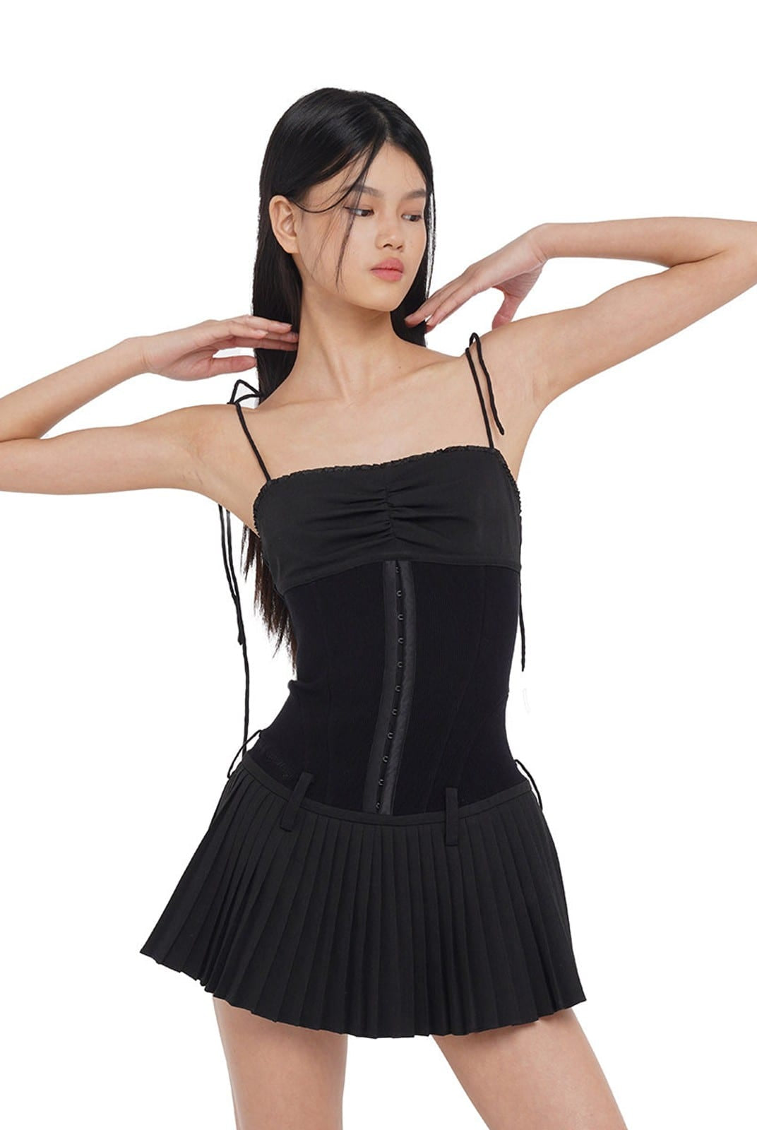 SweetChilling Pleated Paneled Slip Mini Dress in Black - On Female Model