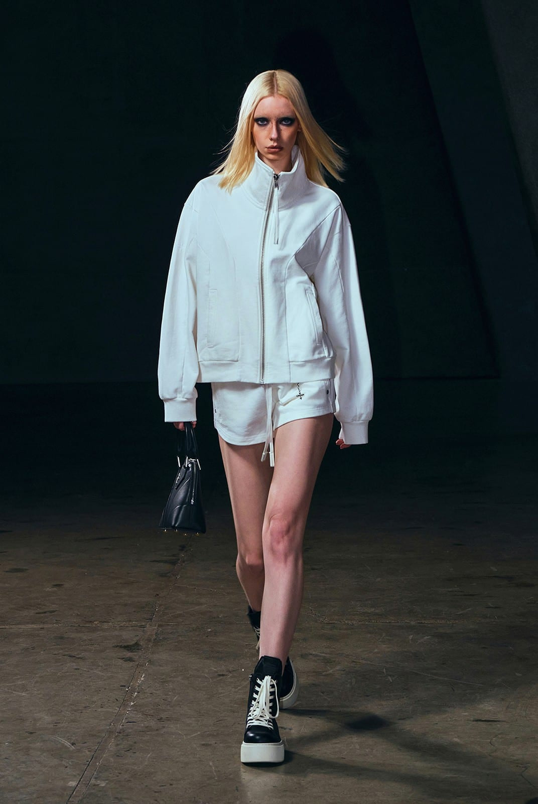 SMFK Cotton Zip Up Track Jacket in White - On Female Model