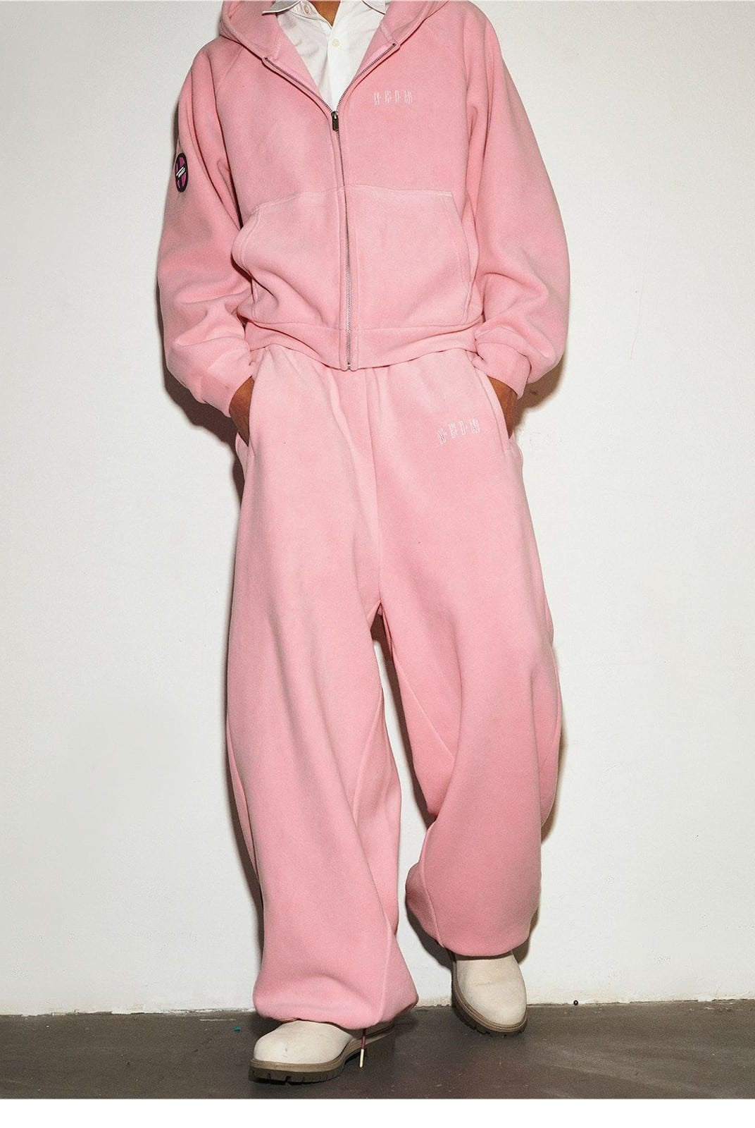 MEDM Polar Fleece Zip Up Hoodie in Pink - On Model