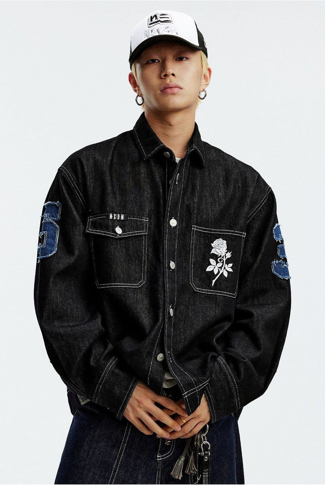 MEDM Lyocell Blend Logo Patch Denim Jacket in Denim - On Male Model