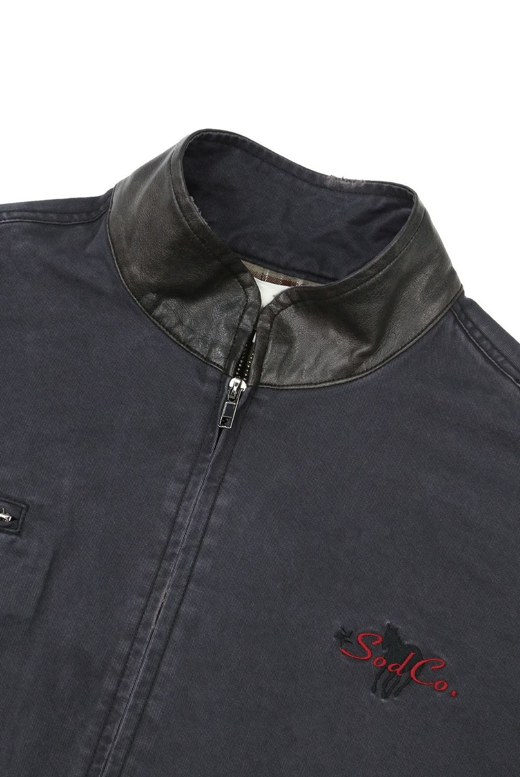SOD Distressed Leather Collar Work Jacket in Blue - Detail