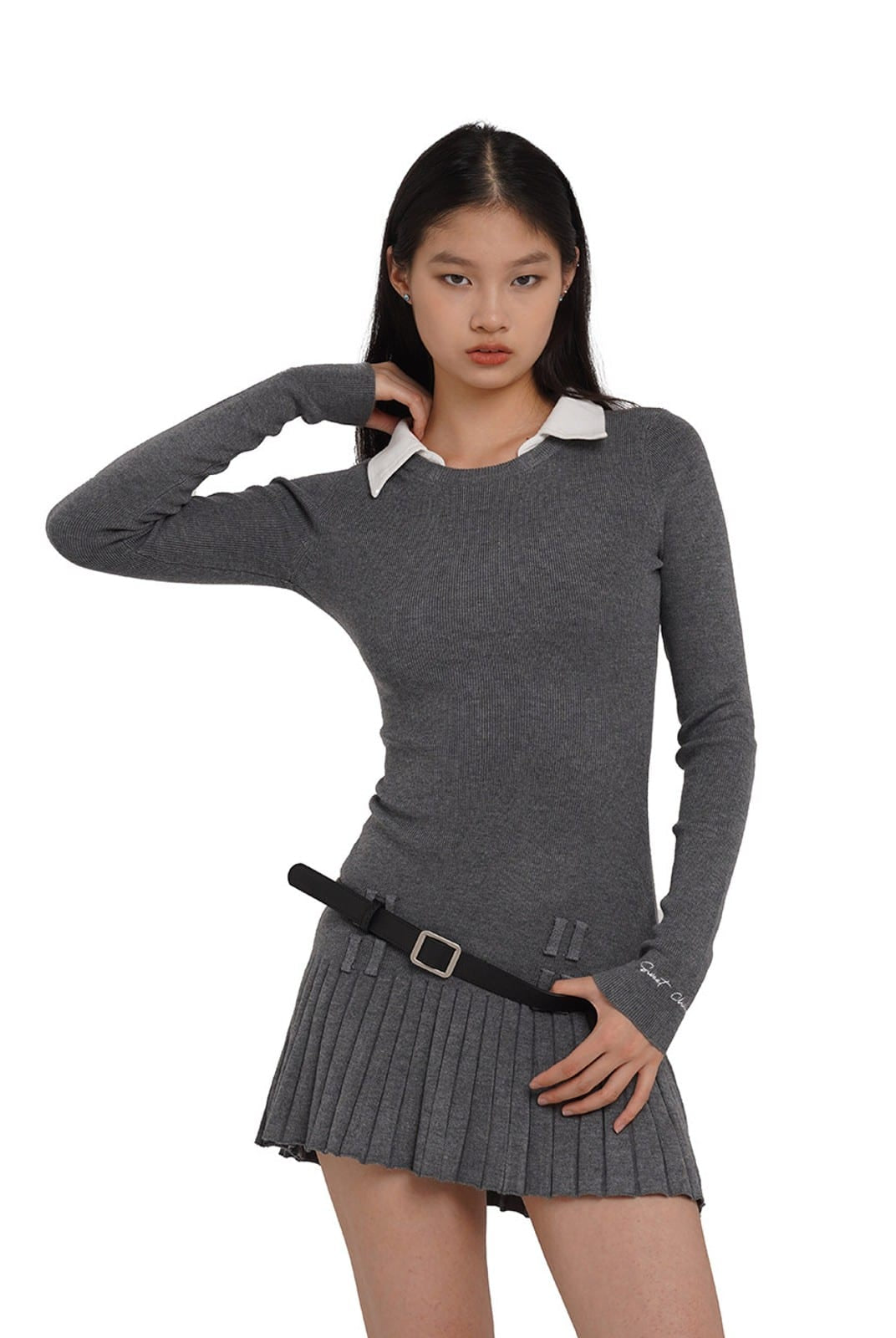 SweetChilling Layered Look Pleated Dress with Belt in Light Gray - On Female Model