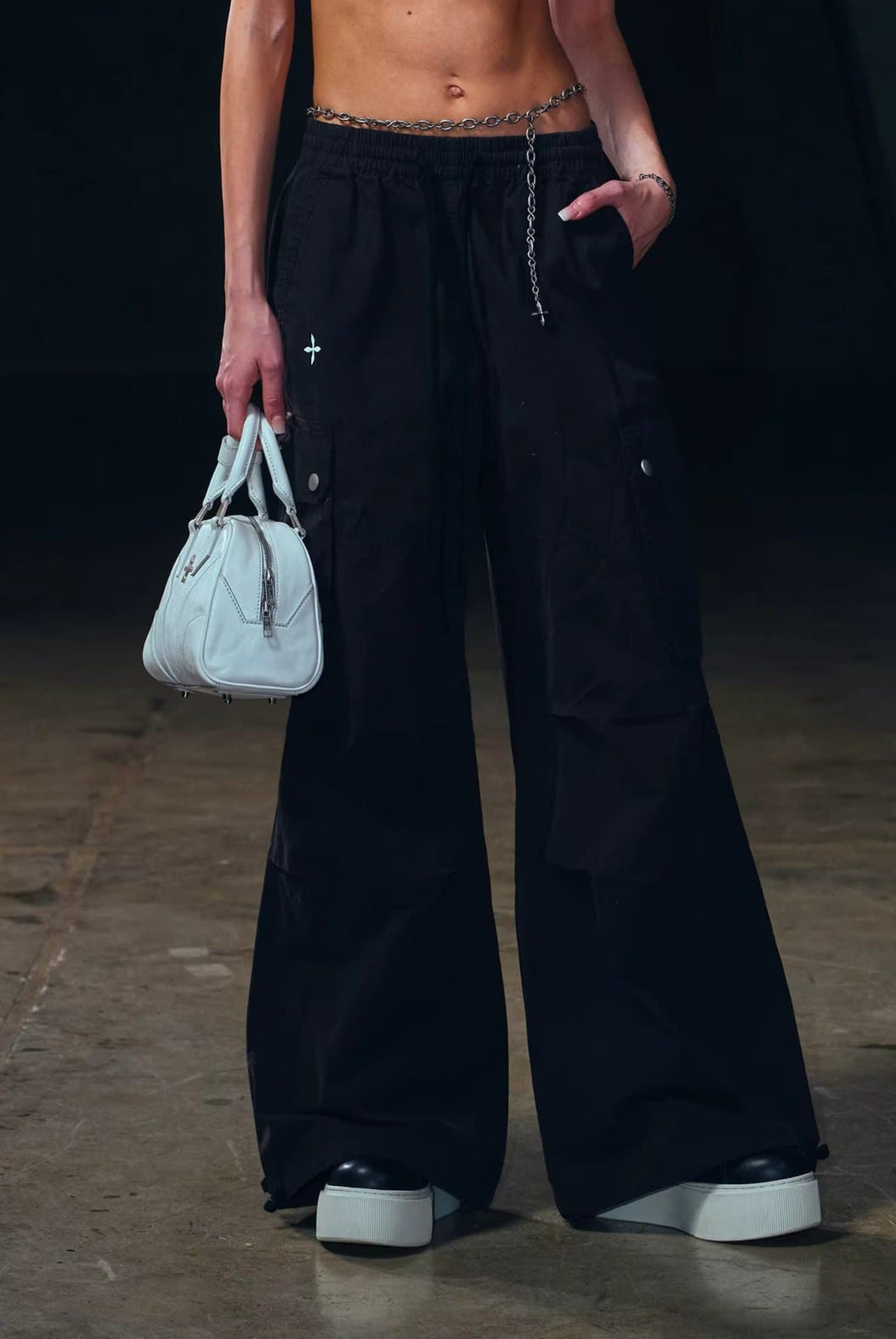 SMFK Garment Dyed Drawstring Cargo Pants in Black - On Female Model