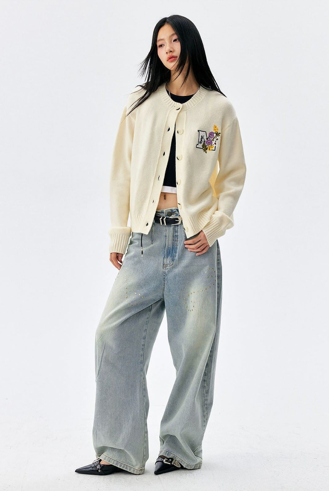MEDM Floral Embroidered Knit Cardigan in Cream - On Female Model