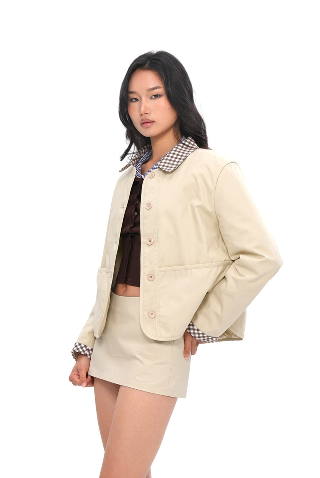 SweetChilling Structured Cotton Mini Skirt in Beige - On Female Model