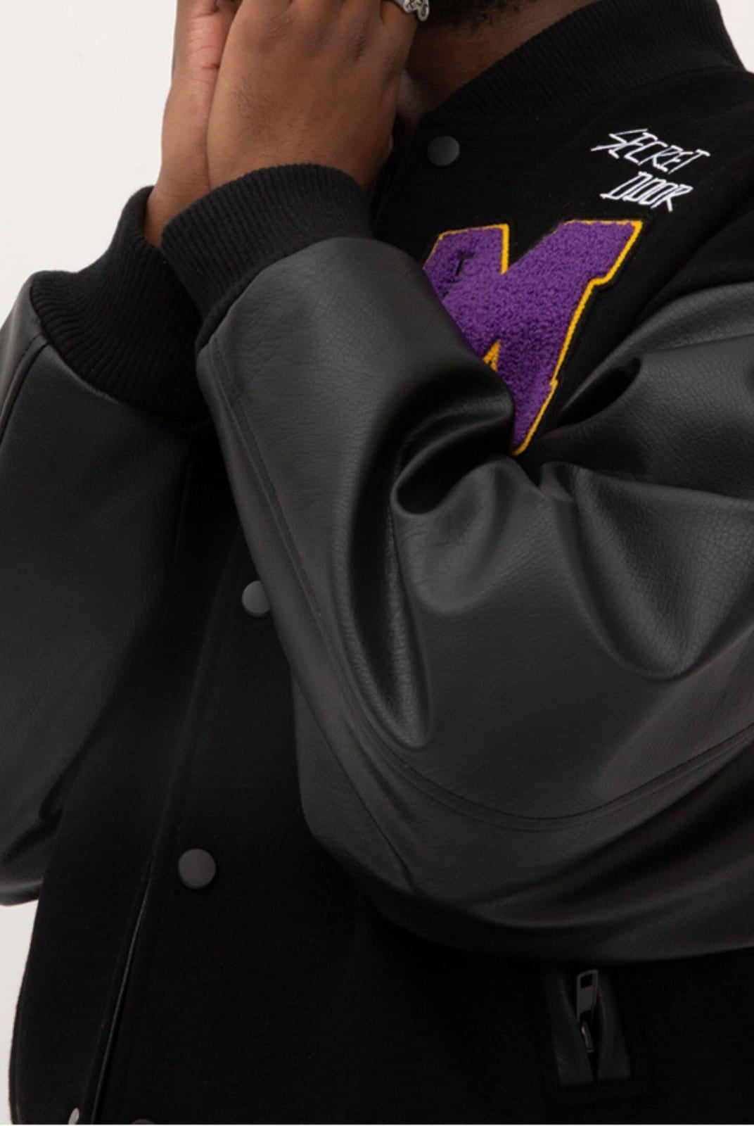 MEDM Wool Blend Varsity Jacket in Black - On Male Model
