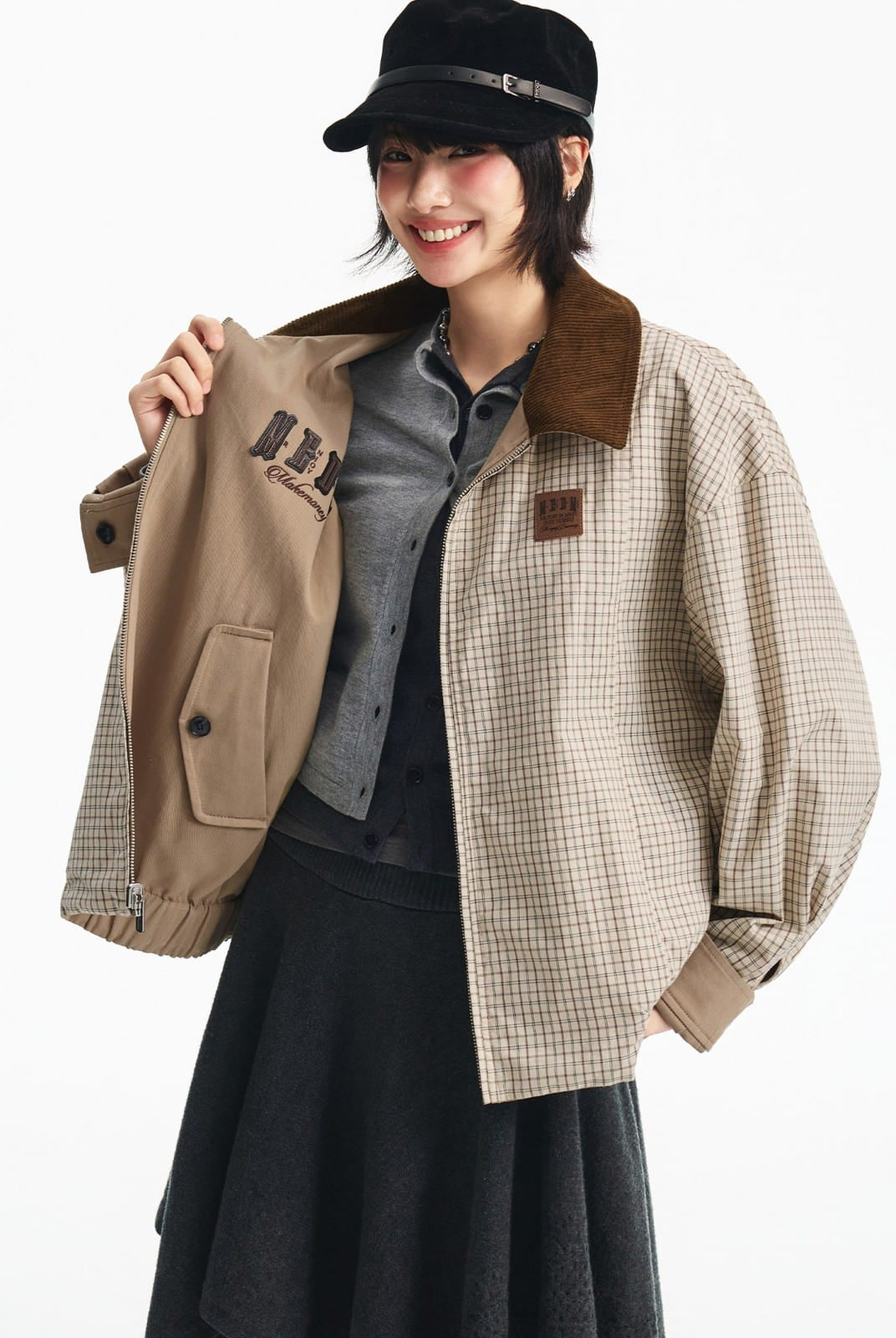 MEDM Reversible Cotton Zip Up Barn Jacket in Beige - On Female Model