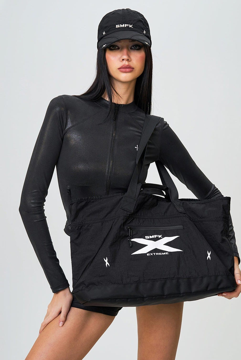 SMFK Large Polyamide Fitness Bag in Black - On Female Model