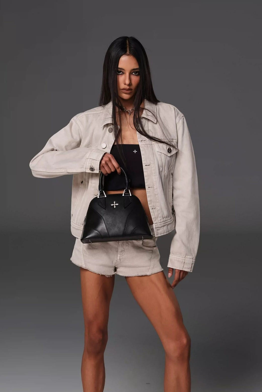 SMFK Medium Leather Shell Bag in Black - On Female Model