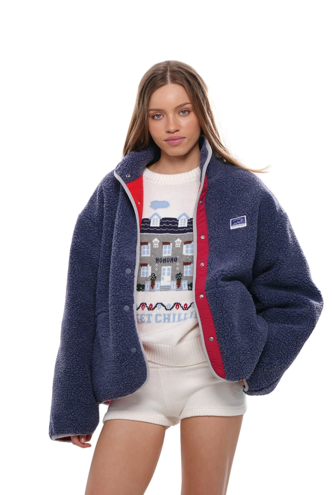 SweetChilling Double Layer Fleece High Collar Jacket in Navy Blue - On Female Model