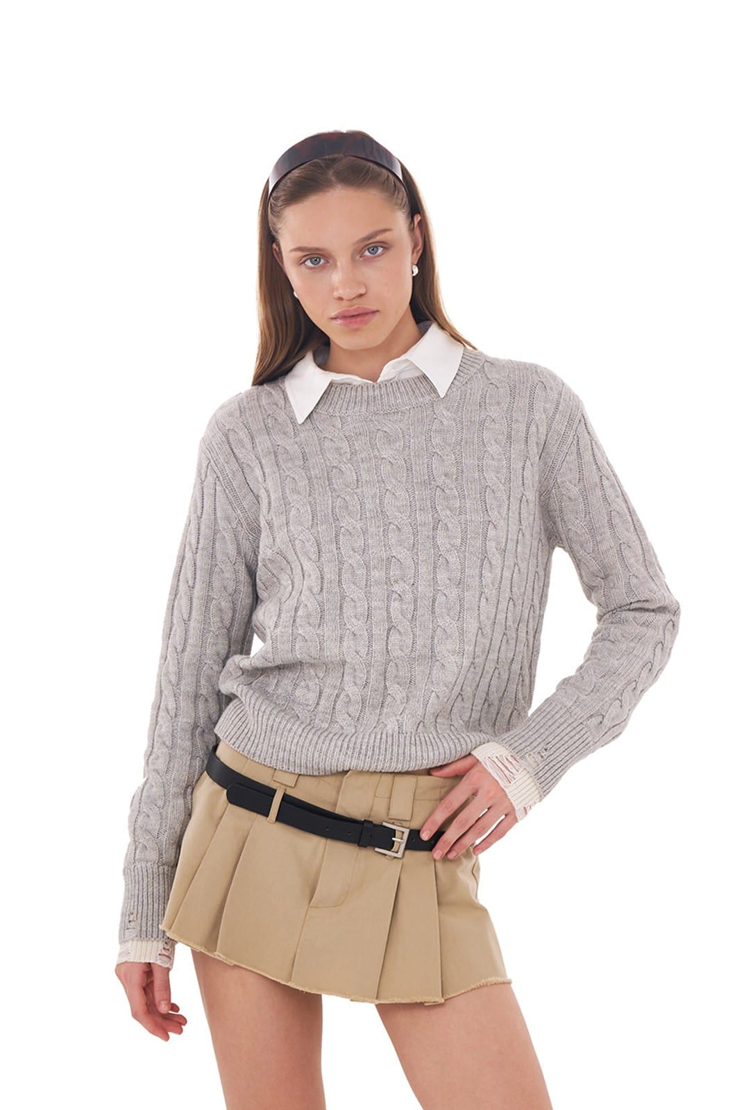 SweetChilling Contrast Cuff Cable Knit Sweater in Gray - On Female Model