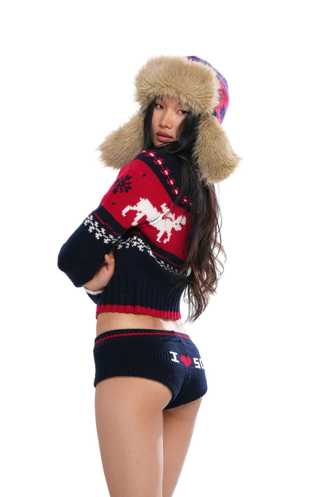 SweetChilling Reindeer Jacquard Wool Blend Cardigan in Navy Blue - On Female Model