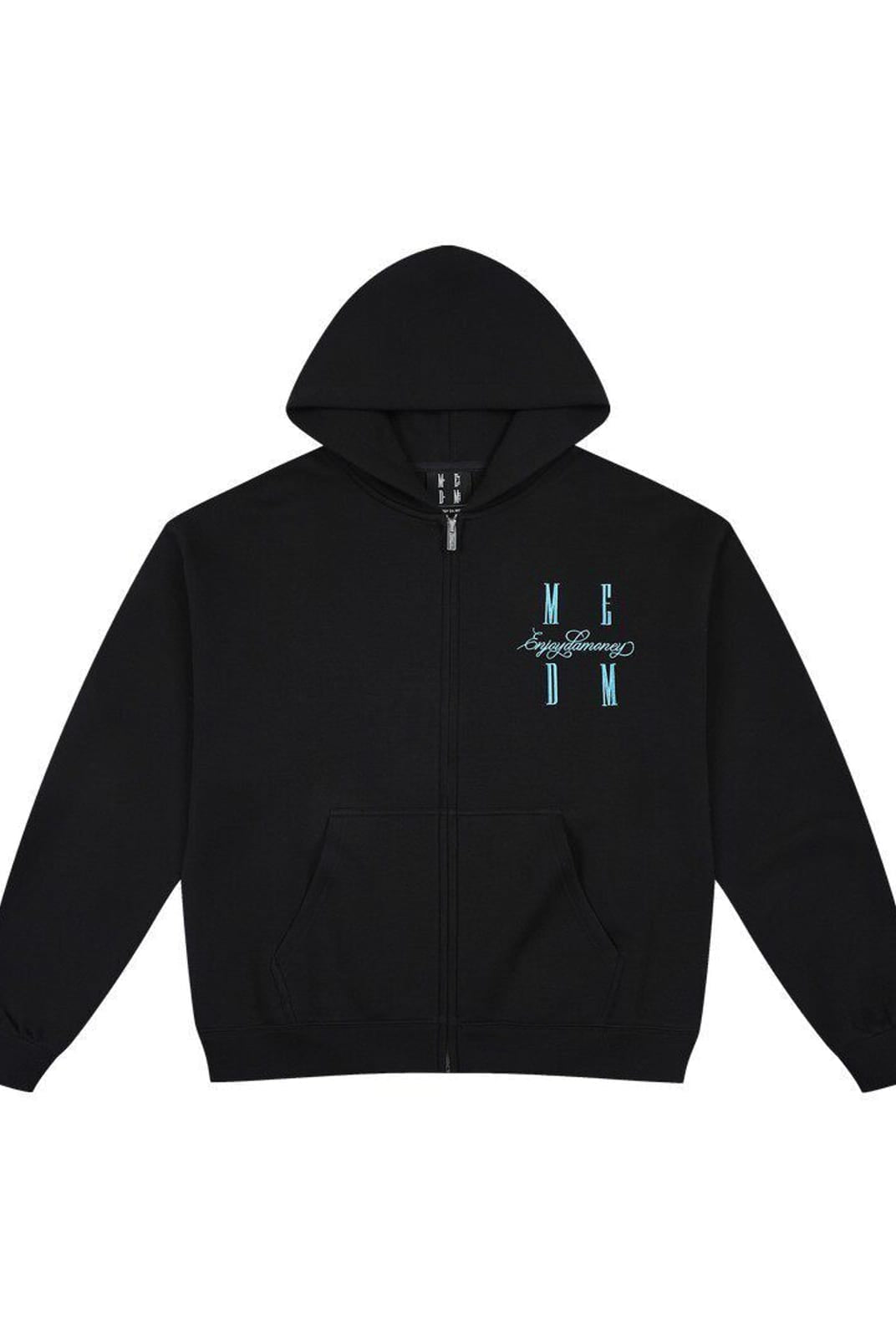 MEDM Embroidered Cotton Blend Zip Up Hoodie in Black