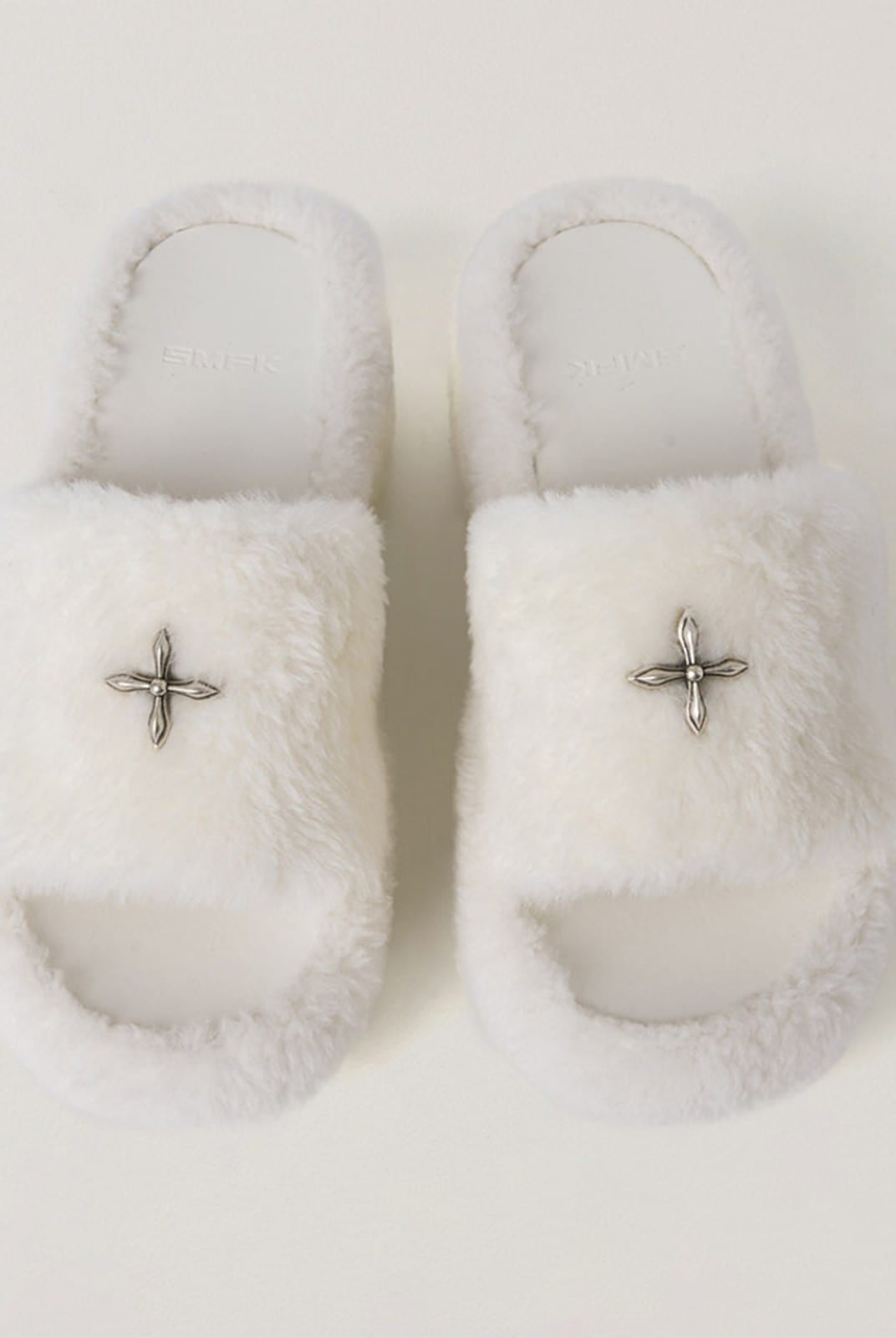SMFK Cross Hardware Shearling High Heel Mules in White