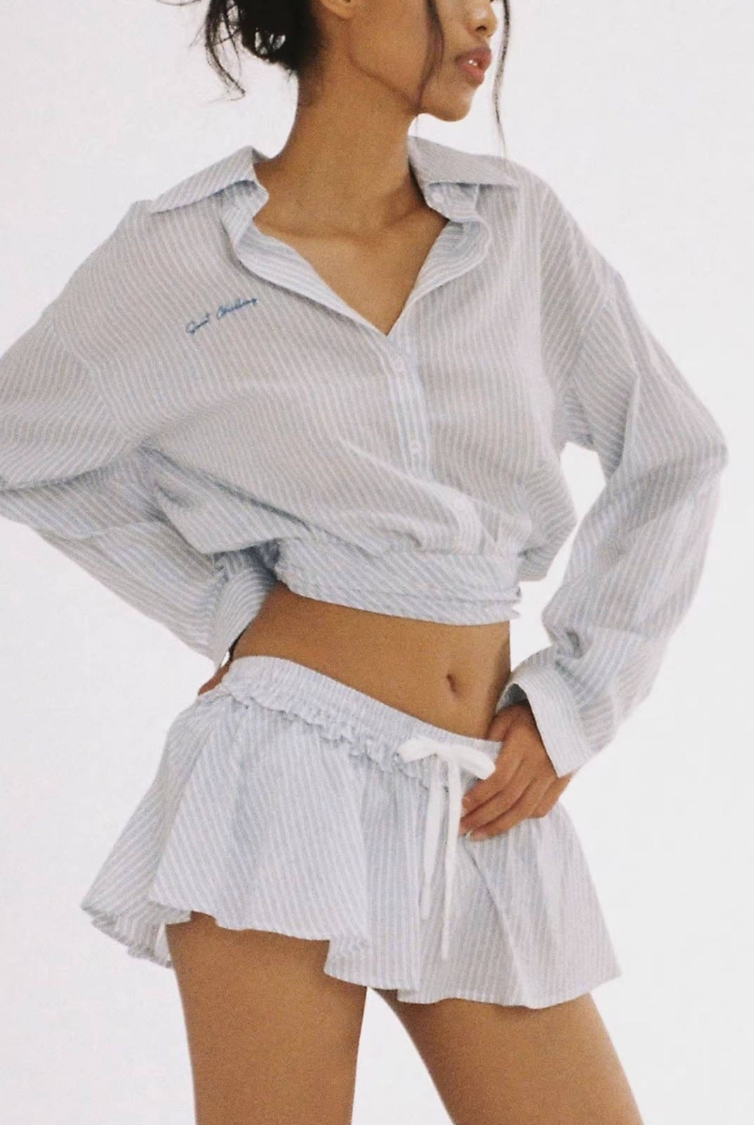 SweetChilling Ruffled Drawstring Mini Skirt in Blue - On Female Model
