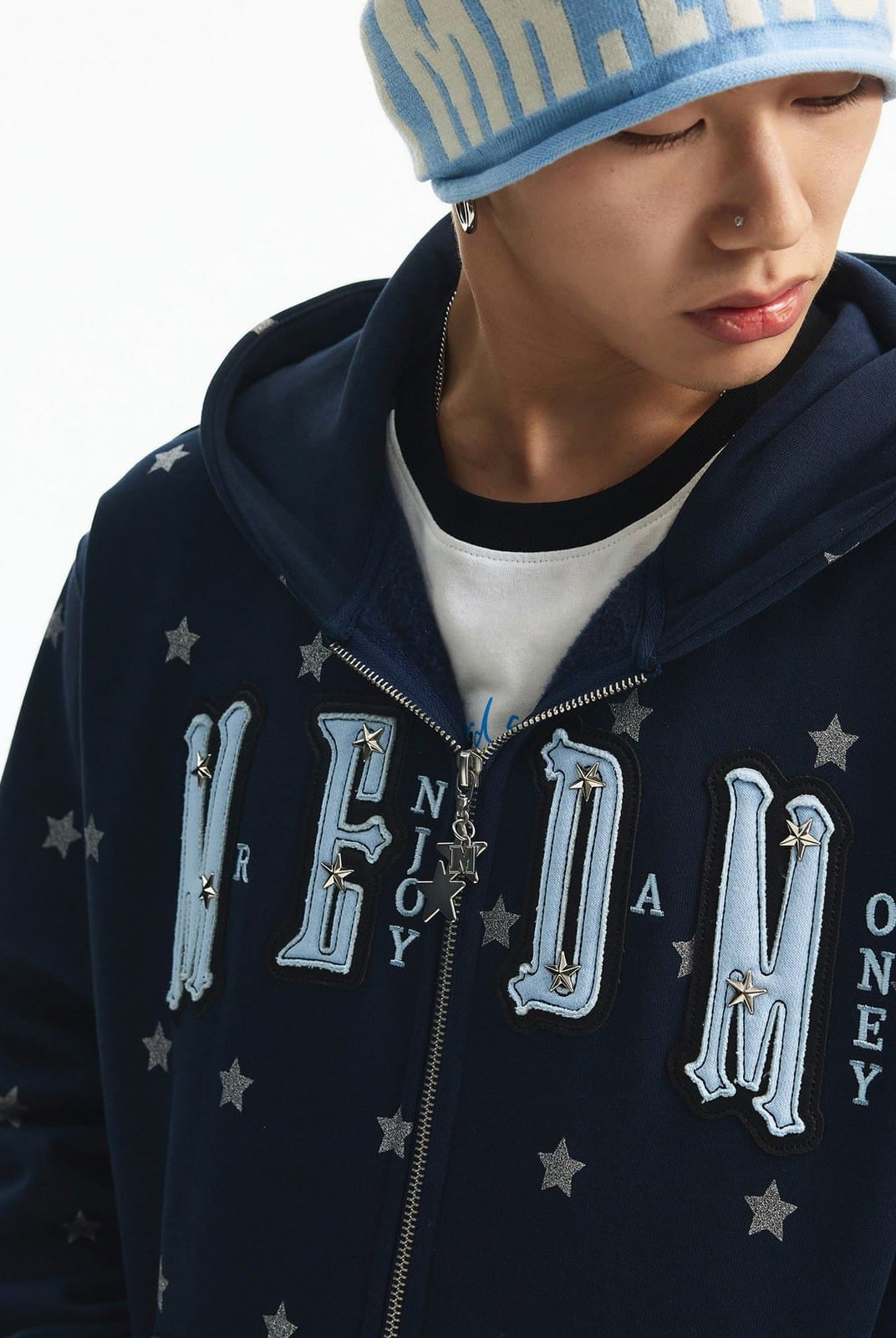 MEDM Fleece Lined Star Print Zip Hoodie in Navy Blue - On Male Model