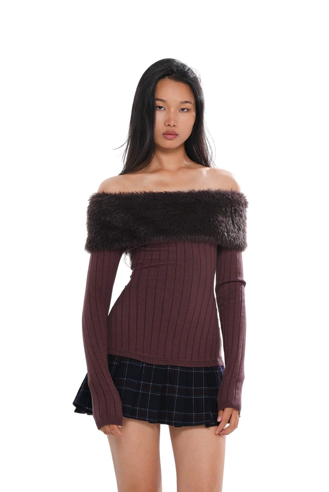 SweetChilling Fluffy Off the Shoulder Pleated Dress in Brown - On Female Model