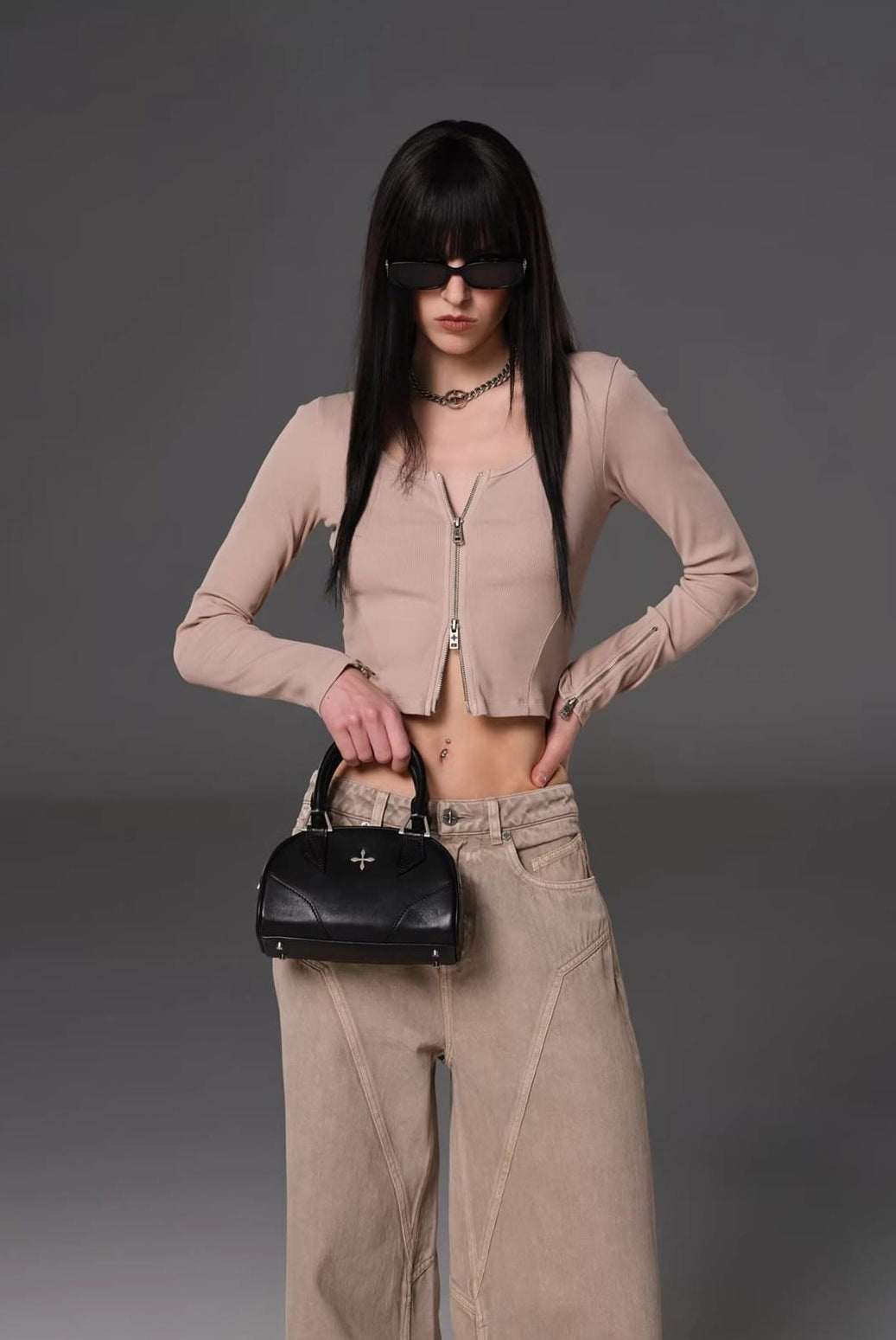 SMFK Phantom Leather Top Handle Bag in Black - On Female Model