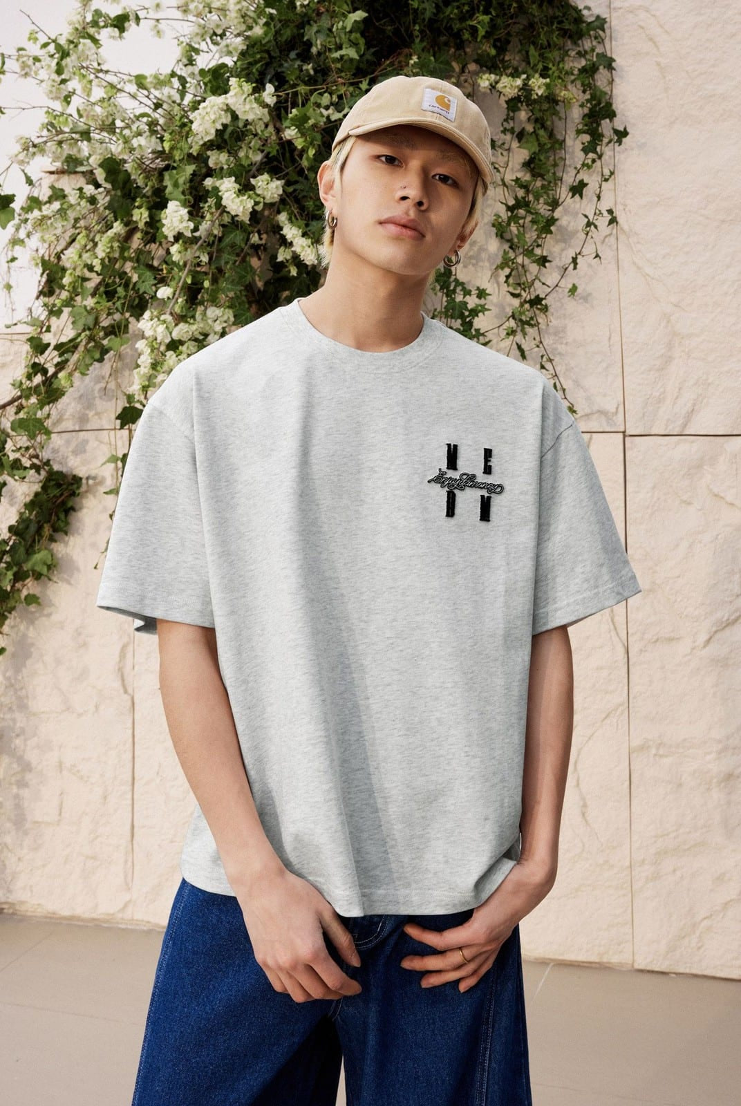 MEDM Tufted Logo Cotton T Shirt in Gray - On Male Model