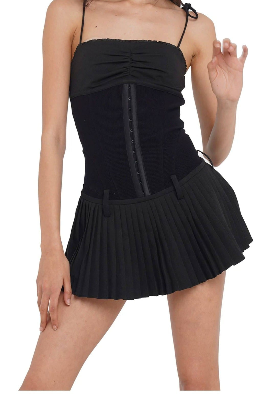 SweetChilling Pleated Paneled Slip Mini Dress in Black - On Female Model