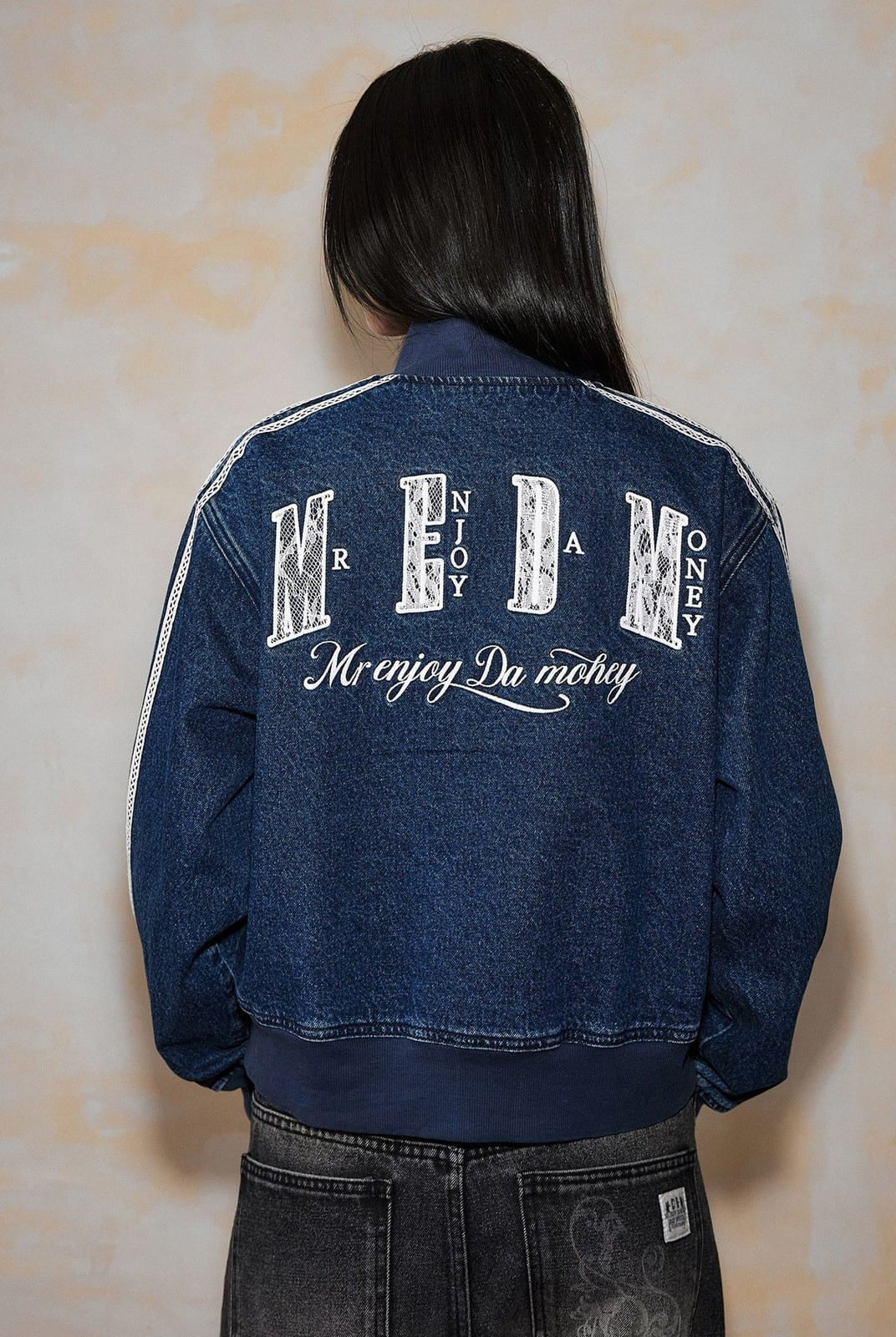 MEDM Lace Trim Stand Collar Denim Jacket in Denim - On Model