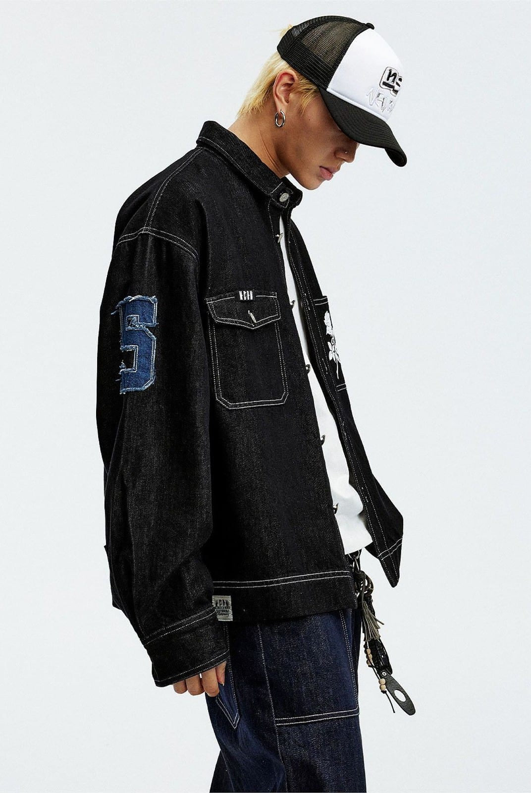 MEDM Lyocell Blend Logo Patch Denim Jacket in Denim - On Male Model