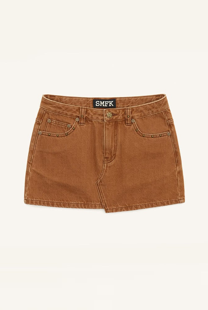 SMFK Vintage Wash Denim Mini Skirt in Brown