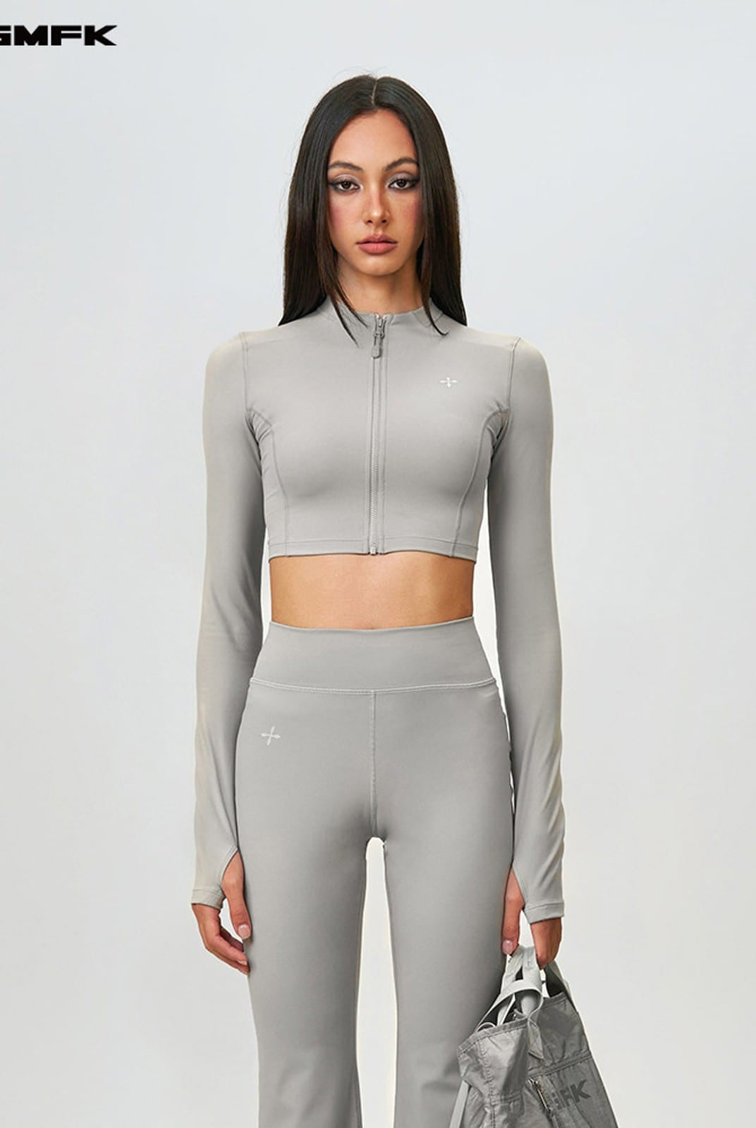 SMFK Zip Front Cropped Activewear Jacket in Gray - On Female Model