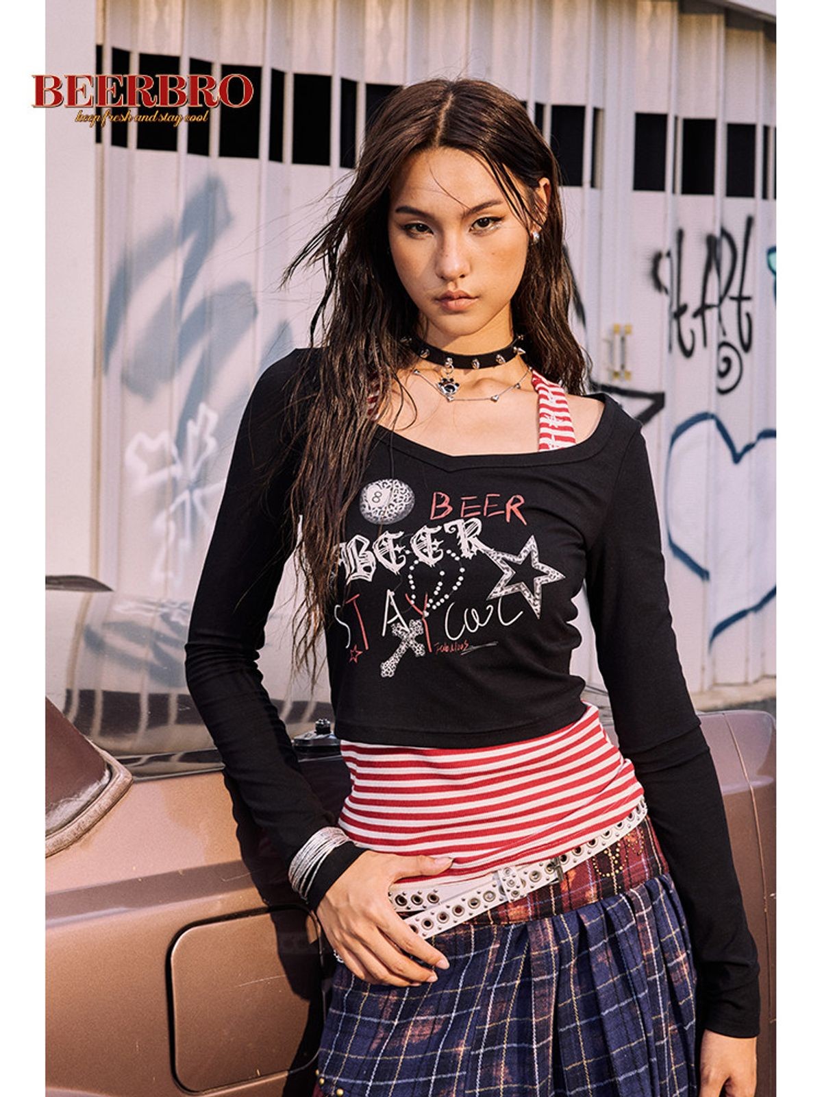 BeerBro Graffiti Print Tee Striped Tank Set in Black - On Female Model