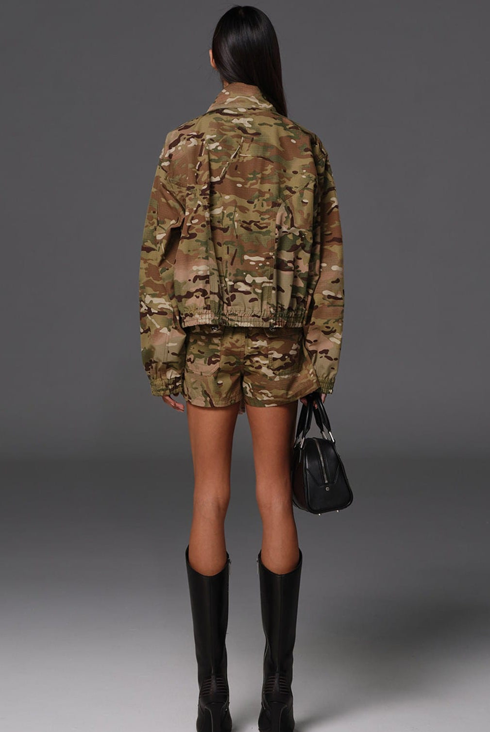 SMFK Camouflage Zip Up Cropped Jacket in Beige - On Female Model