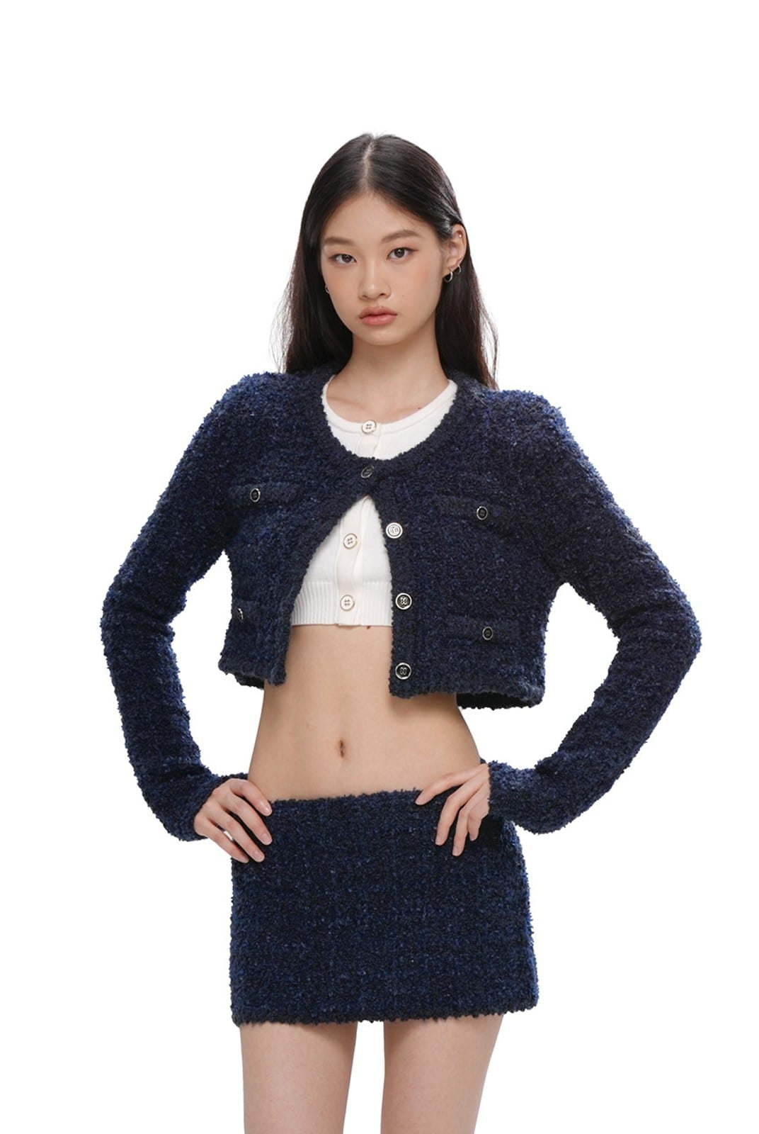 SweetChilling Textured Cropped Crew Neck Cardigan in Navy Blue - On Female Model