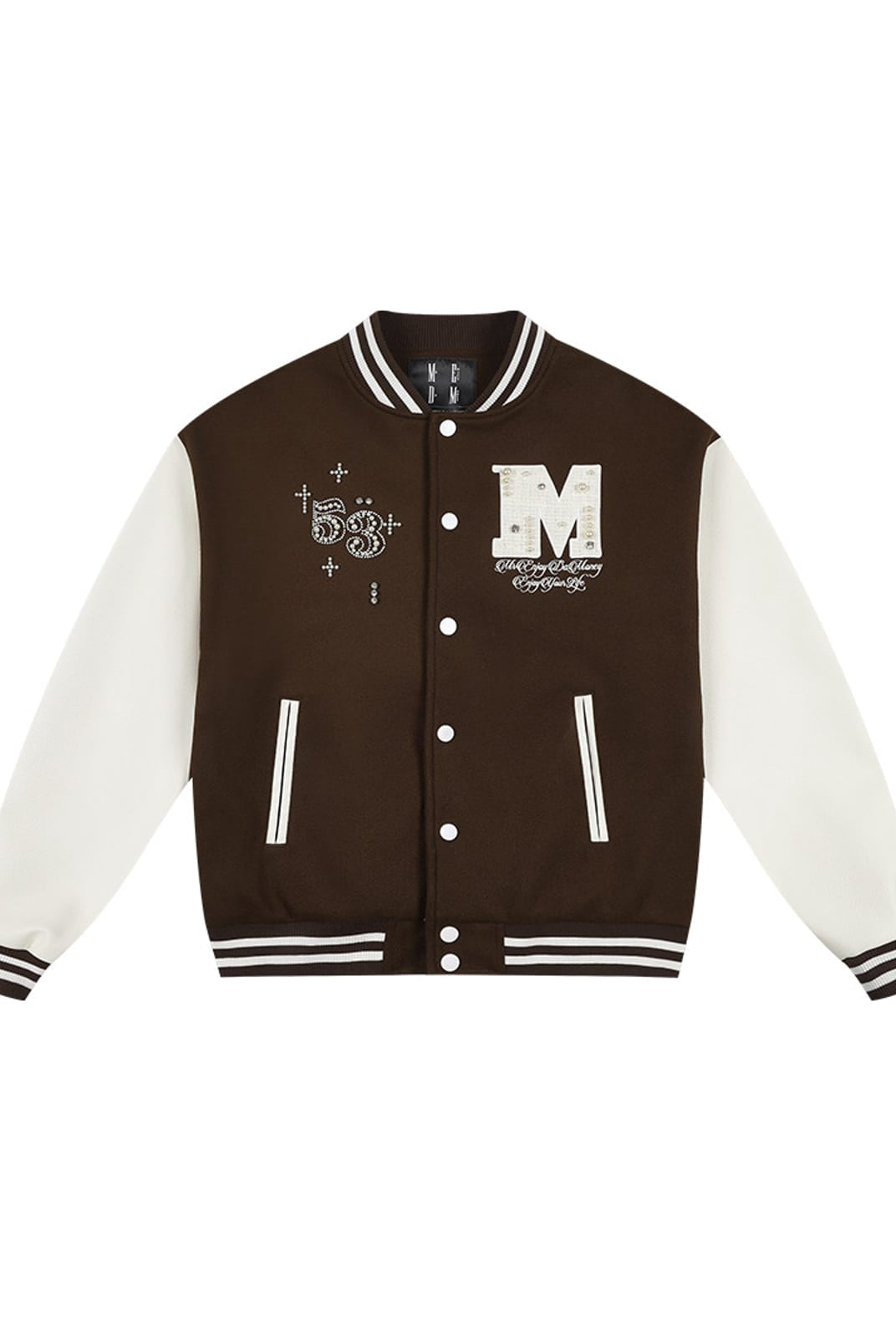 MEDM Pearl Embellished Varsity Jacket in Brown