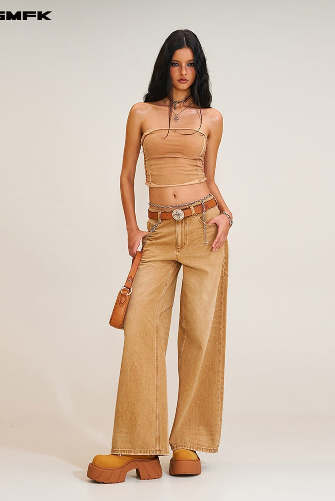 SMFK Distressed Dirty Wash Wide Leg Jeans in Brown - On Female Model