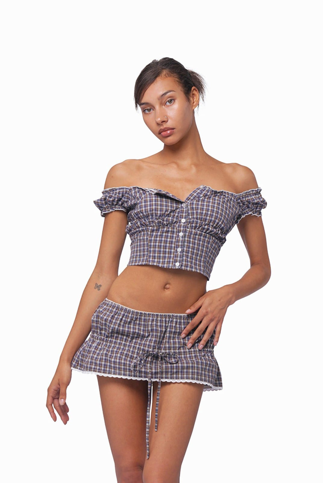 SweetChilling Drawstring Ruffled Mini Skirt in Brown - On Female Model