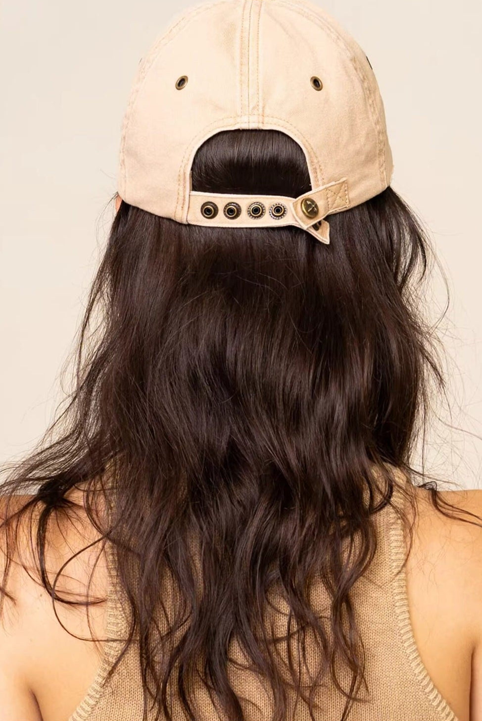 SMFK Distressed Cross Embroidered Baseball Cap in Beige - On Female Model