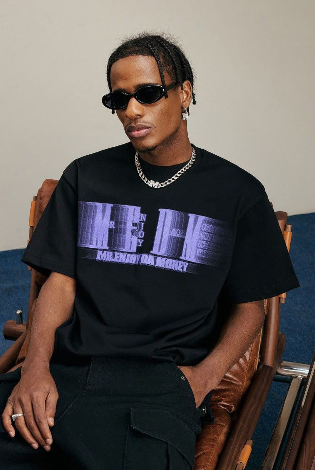MEDM Glitch Logo Graphic Cotton T Shirt in Purple - On Male Model
