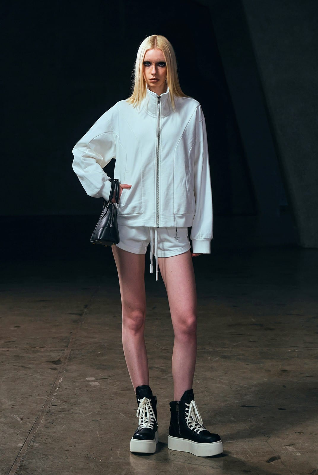 SMFK Cotton Zip Up Track Jacket in White - On Female Model