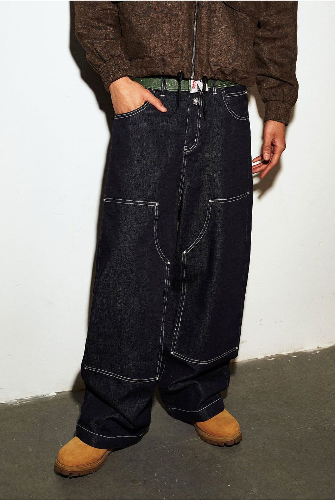 MEDM Contrast Stitch Denim Cargo Jeans in Navy Blue - On Model