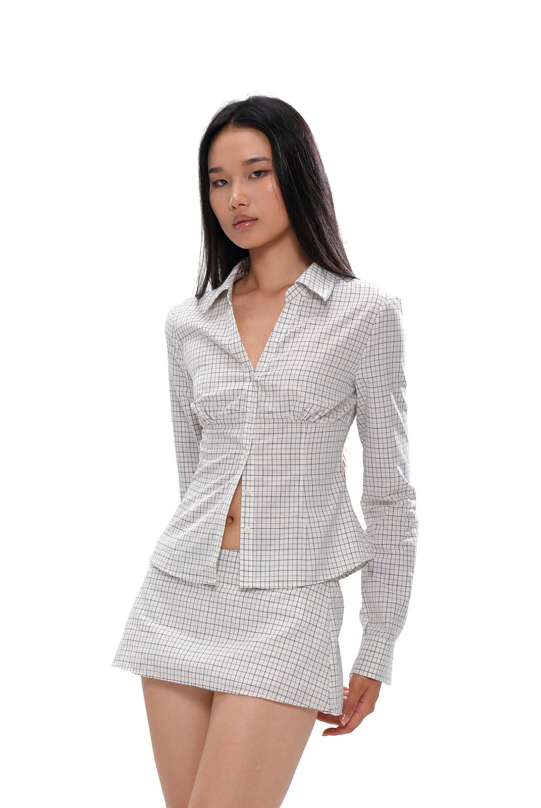 SweetChilling Gingham V Neck Button Up Shirt in Beige - On Female Model