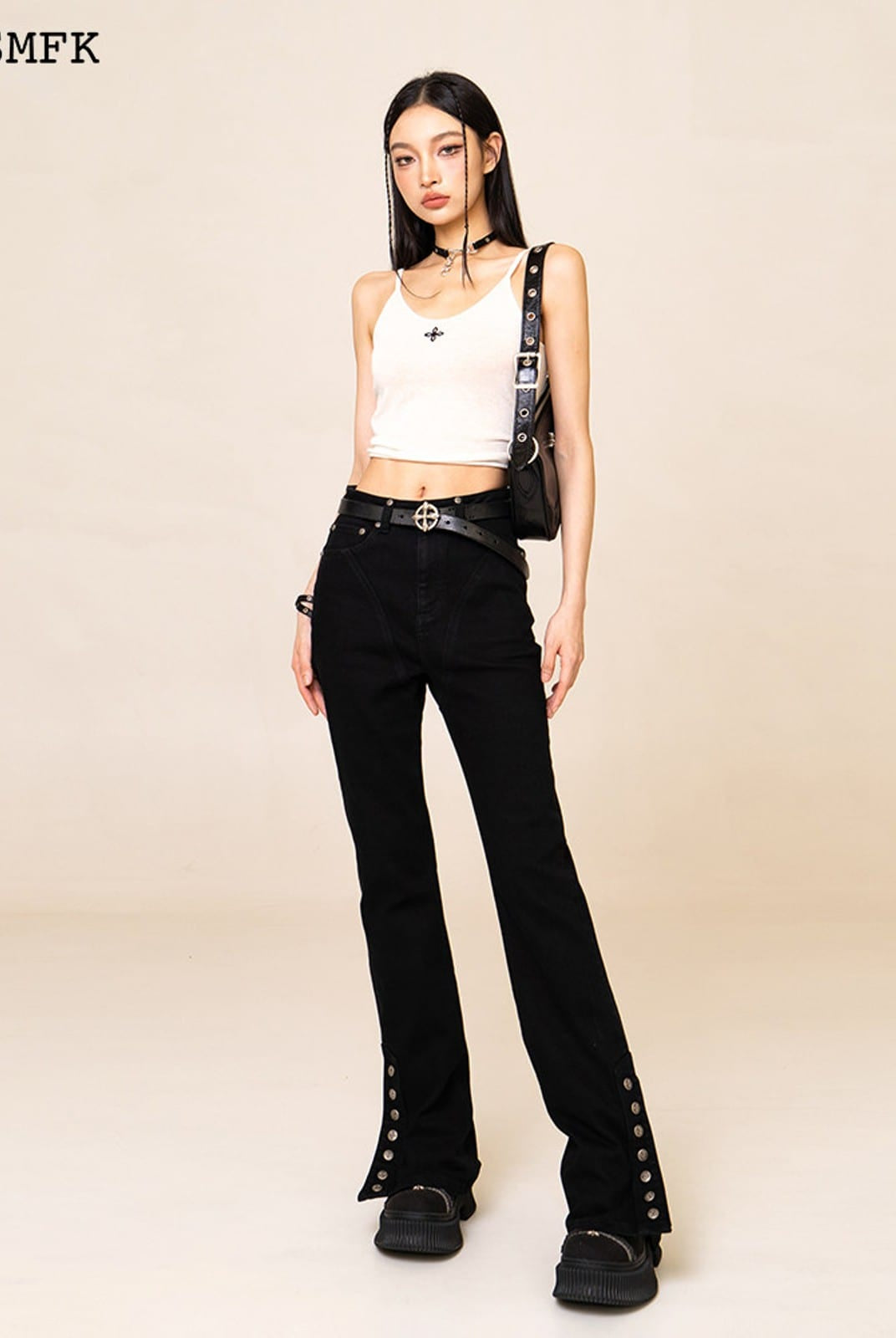 SMFK High Stretch Biker Flare Jeans in Black - On Female Model
