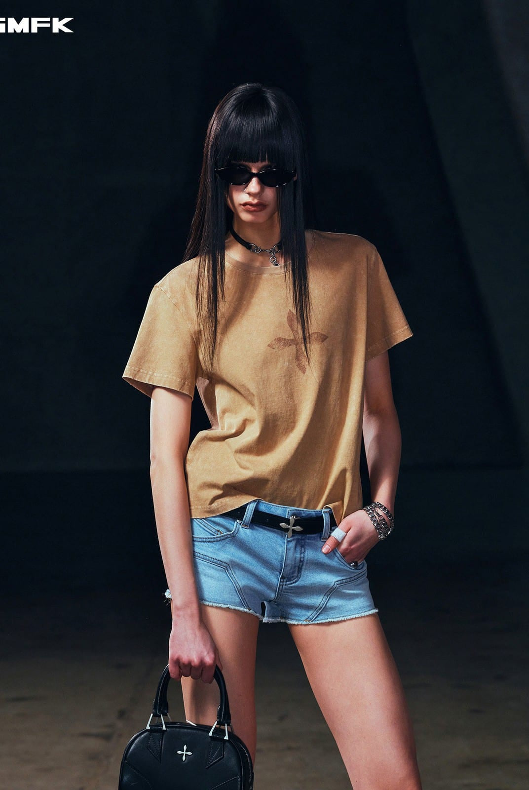 SMFK Vintage Wash Cross Graphic T Shirt in Beige - On Female Model