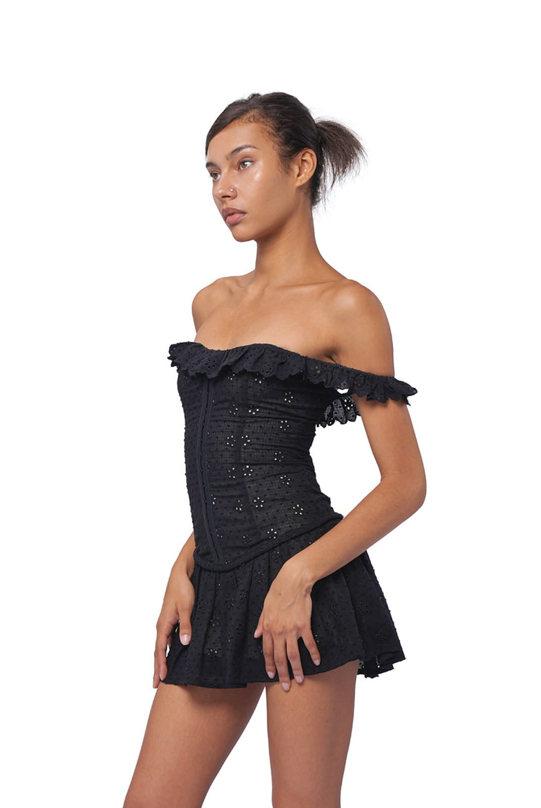 SweetChilling Cotton Eyelet Off Shoulder Mini Dress in Black - On Female Model