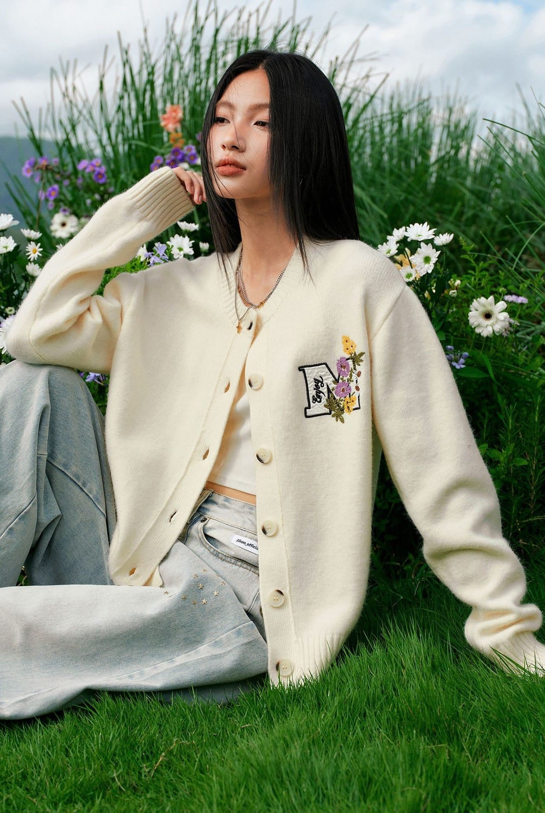 MEDM Floral Embroidered Knit Cardigan in Cream - On Female Model