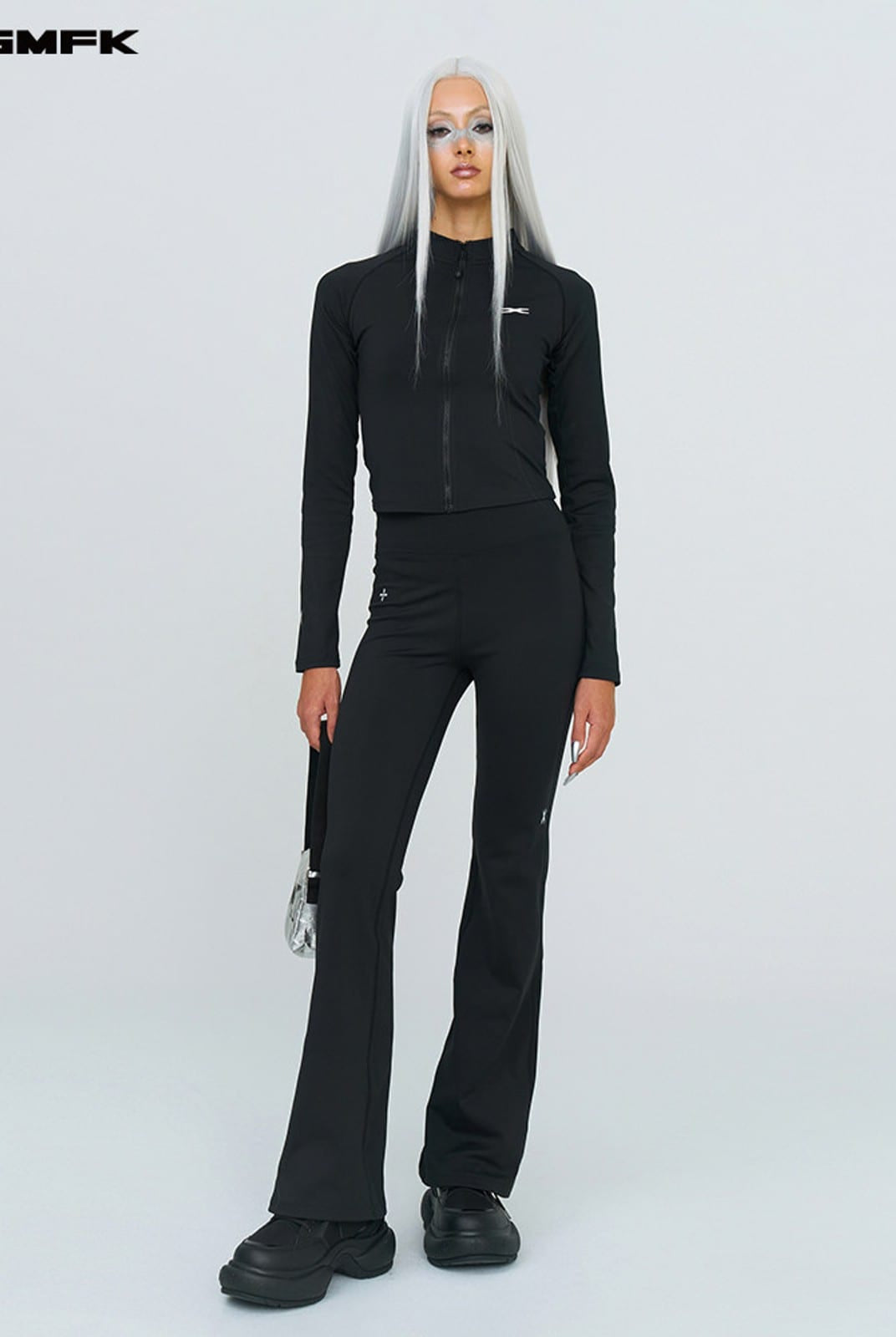SMFK Brushed Fleece Zip Up Cropped Jacket in Black - On Female Model