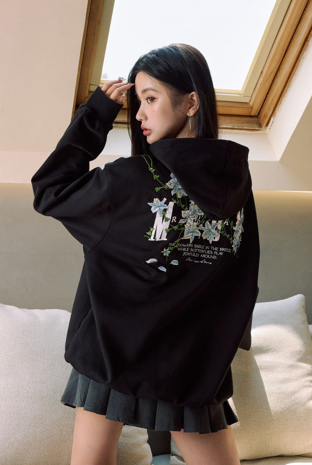 MEDM Floral Embroidered Zip Up Hoodie in Black - On Female Model
