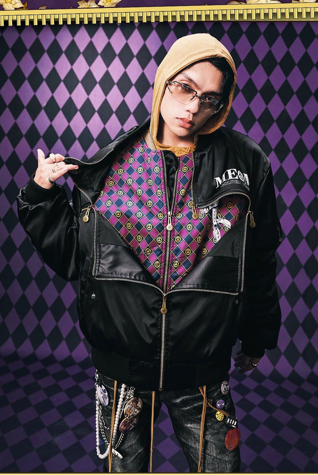 MEDM JoJo Collab Graphic Puffer Bomber in Black - On Male Model