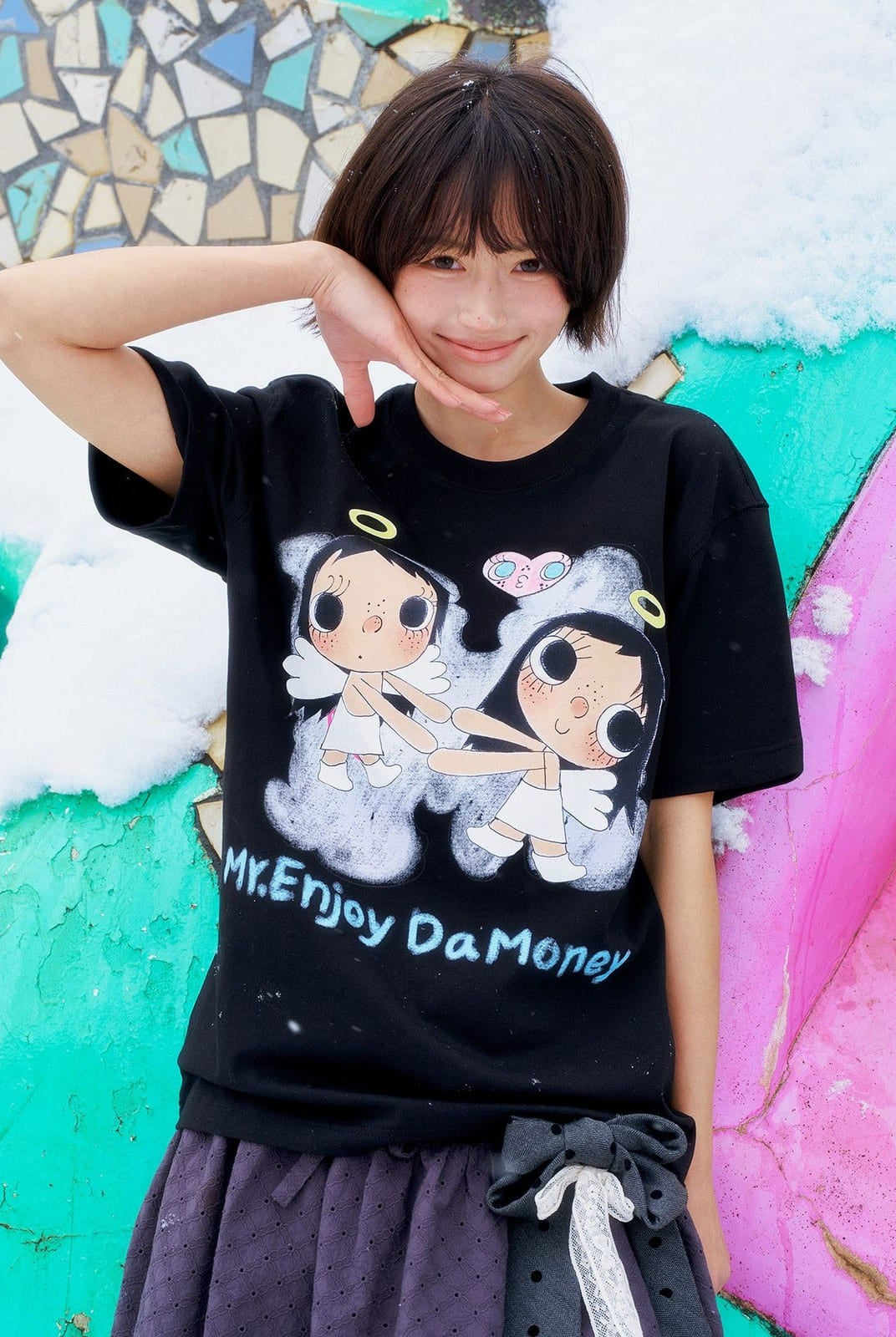 MEDM Embroidered Heart Cotton T Shirt in Black - On Female Model